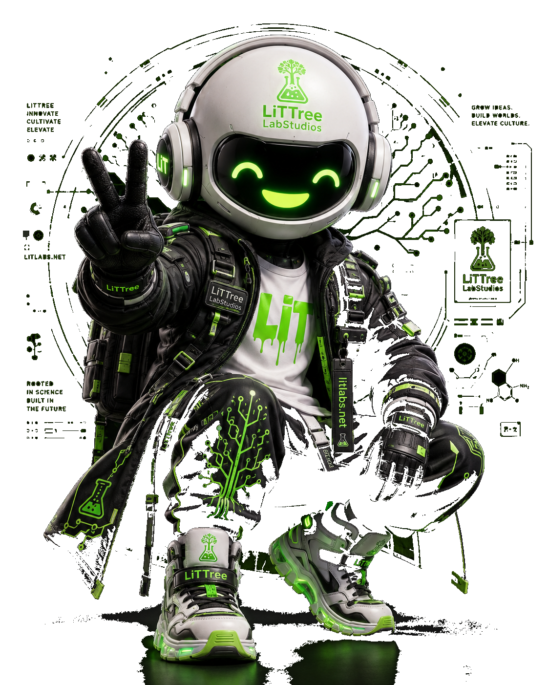 LiTT — the AI creative operating system character, full body with helmet, visor, headphones, and streetwear