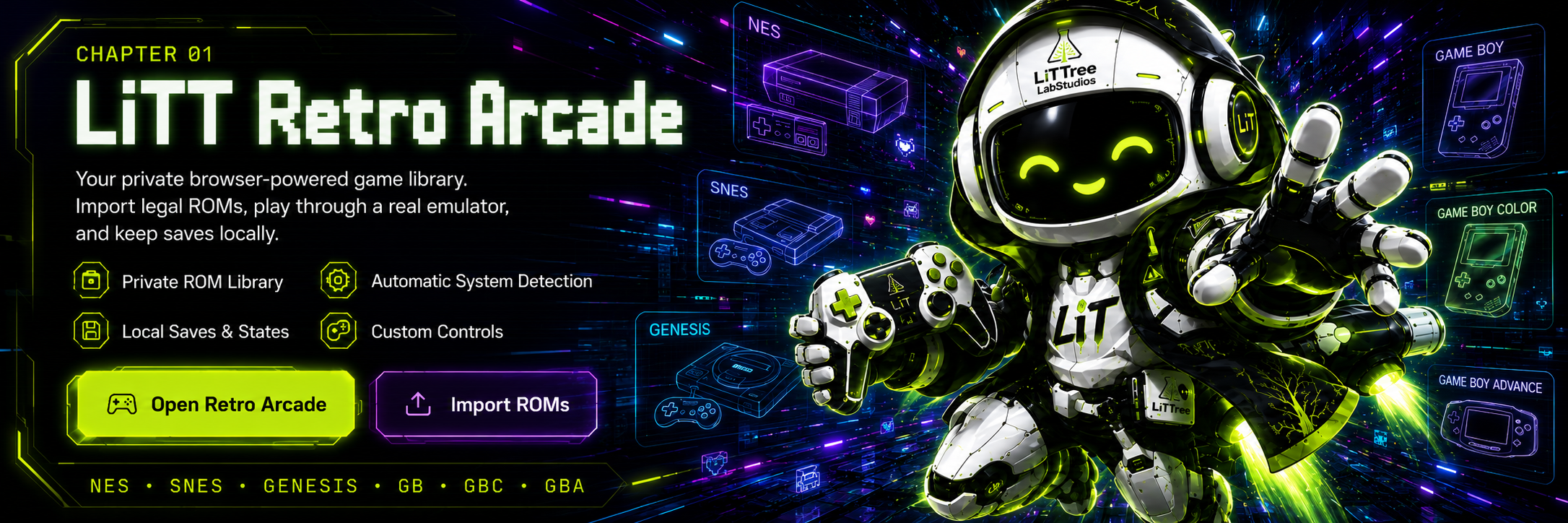 LiTT Retro Arcade featuring the LiTTree mascot, supported retro systems, private ROM library, local saves, custom controls, and import actions